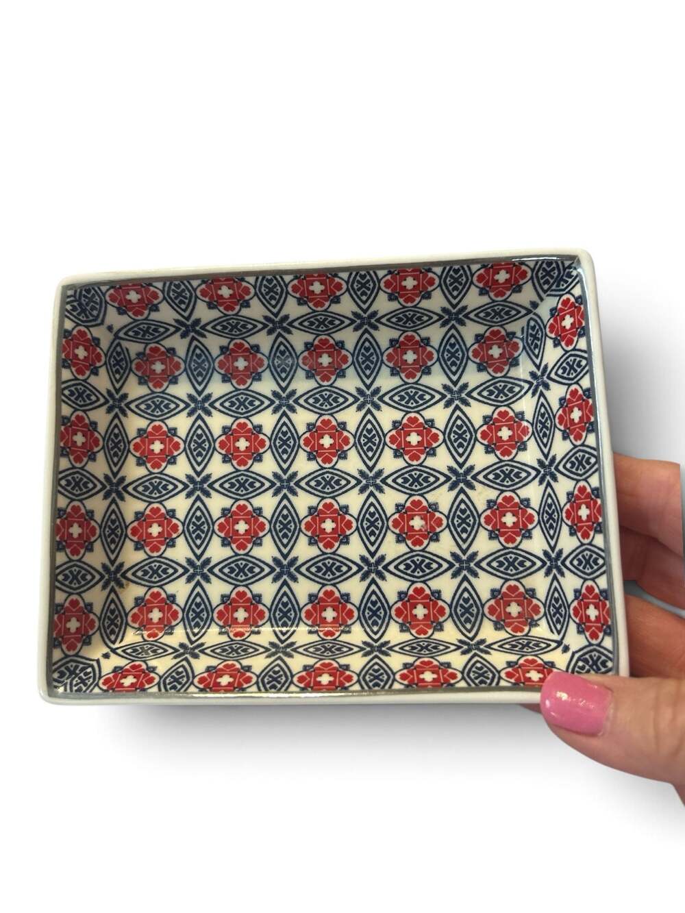 J.Crew Ceramic Rectangular Trinket Dish with Red and Blue Floral Pattern